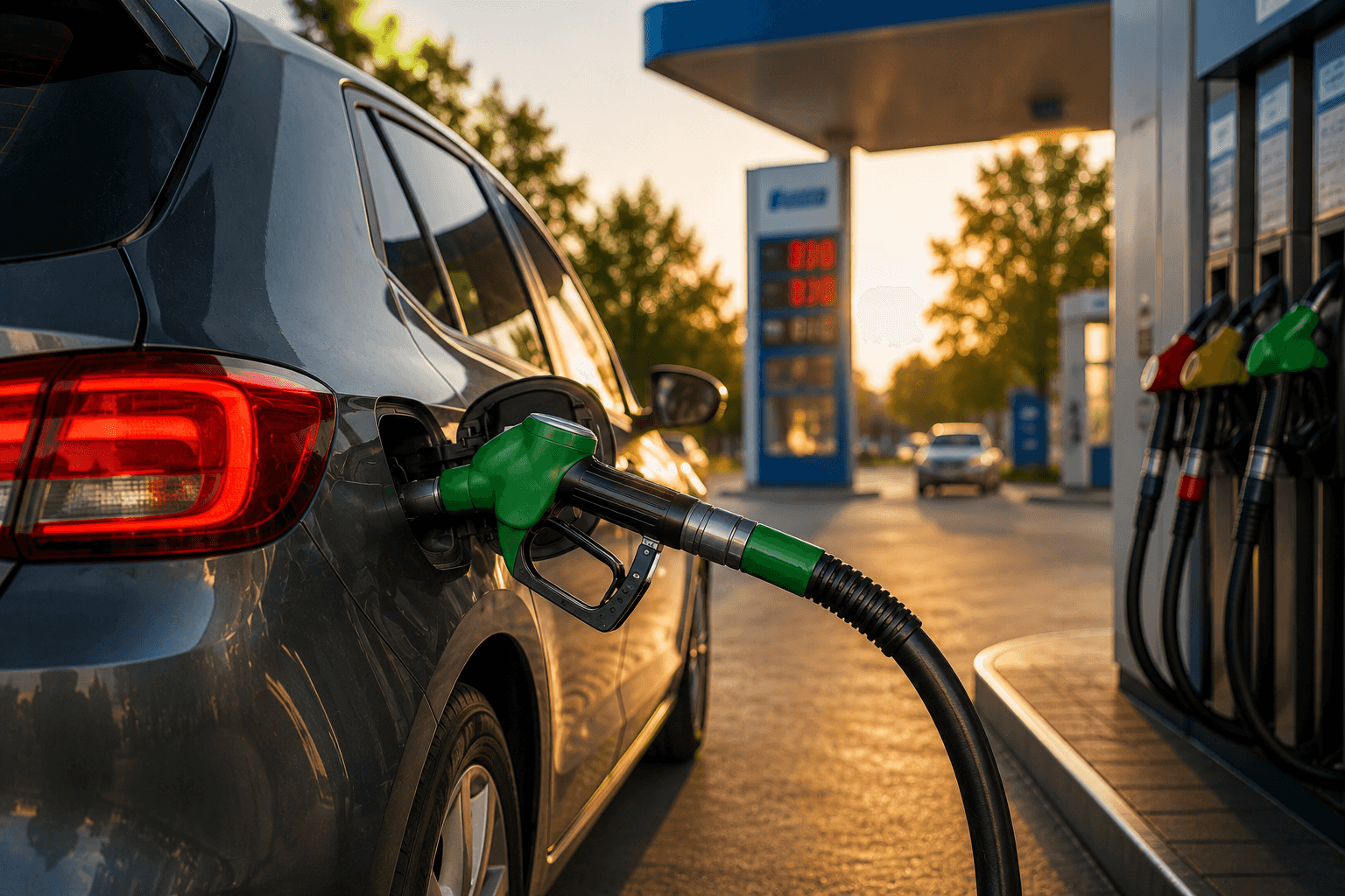 Autoturism care alimentează la o stație modernă de carburant